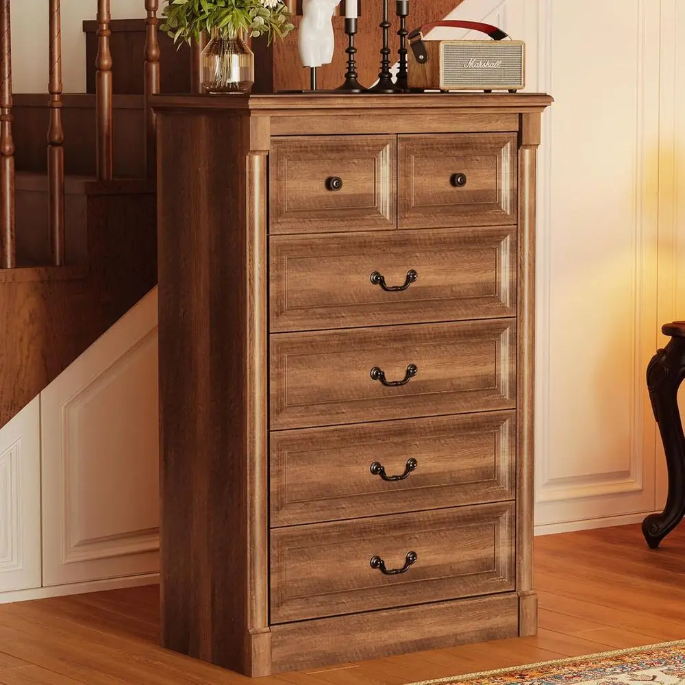 6-Drawer Rustic Wood Chest with Ample Storage for Bedroom or Living Room in Rich Brown Finish