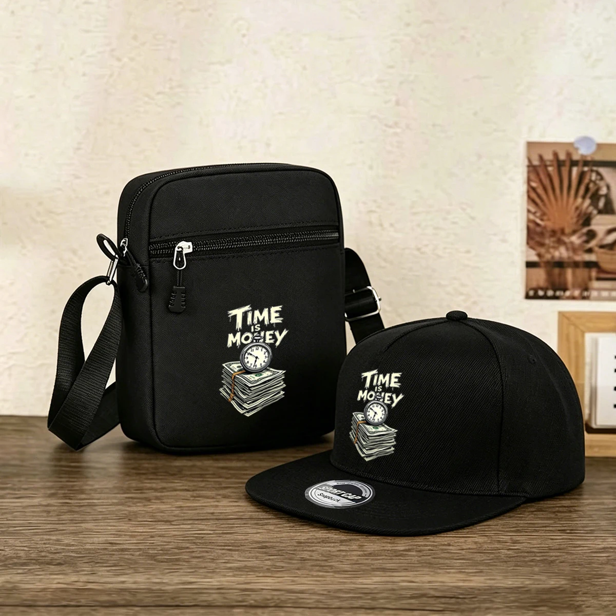 2pcs Money Print Baseball Cap&Crossbody Bag Set-Snapback Hat-Baseball Cap-Streetwear Style,Casual Wear-Urban Fashion Accessory