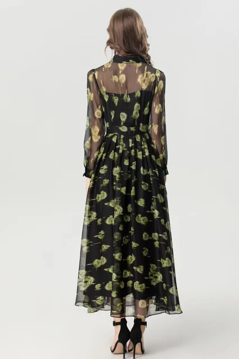 MIUXIMAO 2025 ชุดเดรสฤดูใบไม้ร่วงแฟชั่นชุดเดรสยาวแขนยาวพิมพ์ลายดอกไม้สีเขียวชุดสีดำผู้หญิงเวสติดส์โบว์