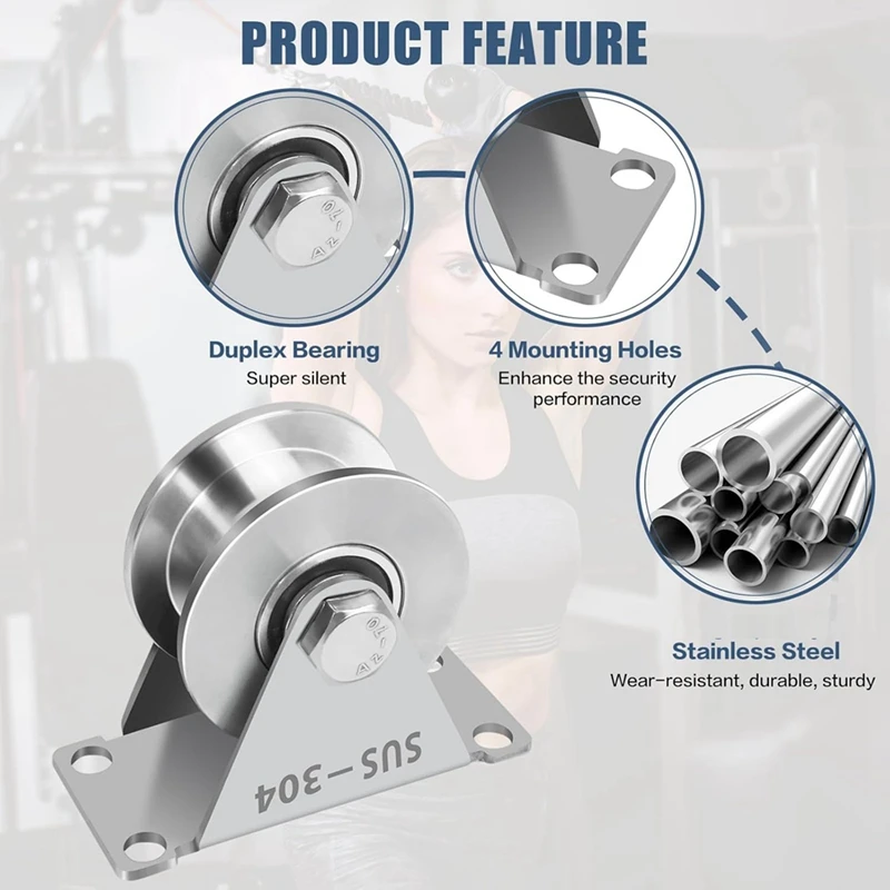 Poulie à rainure ABPP-U, blocs en acier inoxydable, paquet de 2 poulies de roue à rainure rotative Super silencieuses, pour la manipulation d'équipement de gymnastique à monter soi-même