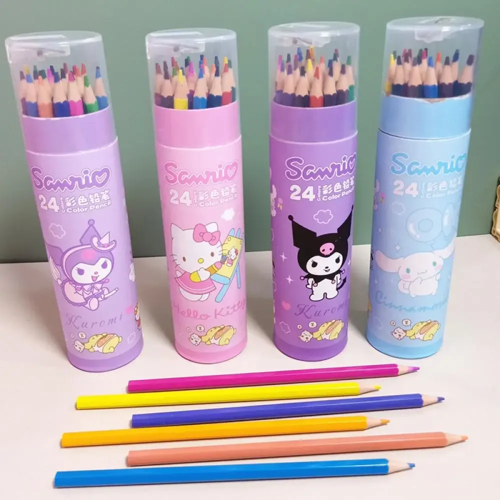 Sanrio 24 Colors Color Pencilsharpener Cute Kuromi Kt Student Painting Penholder Children Coloring Wooden Pencil School Supplies