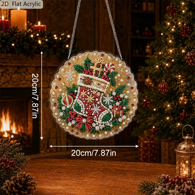 2D Flat, 1Pc 20/30cm Acrylic Hanging Ornament, 3D Pearl Diamond Painting Kit, Special Shape Pearl Beaded Xmas Hanging Sign