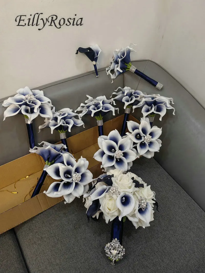 EillyRosia الأزرق الداكن الصلبة زنبق الكالا باقة الزفاف التصميم الأصلي بروش باقة لوصيفة الشرف عقد الزهور مخصص #2