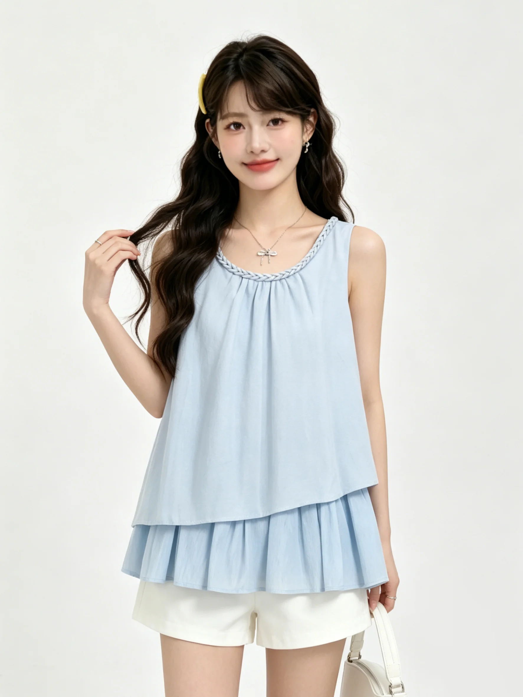 

Blue Korean Style Patchwork Vest Top Women's Summer Outerwear Anti-Aging Slimming Versatile New Model Breathable Casual Wear