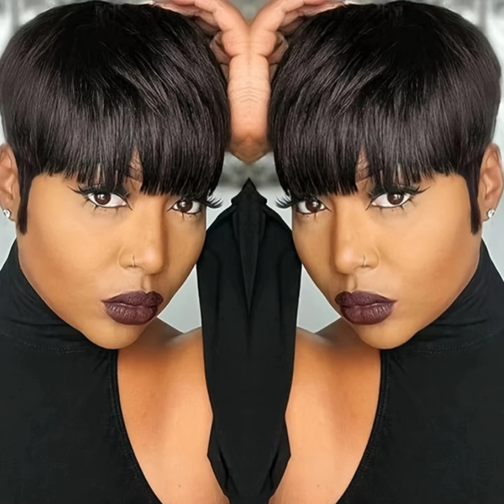 컬러 가발 픽시 컷 스트레이트 인간의 머리 가발 여성용 전체 기계 제작 인간의 머리 가발 150% 밀도 6인치