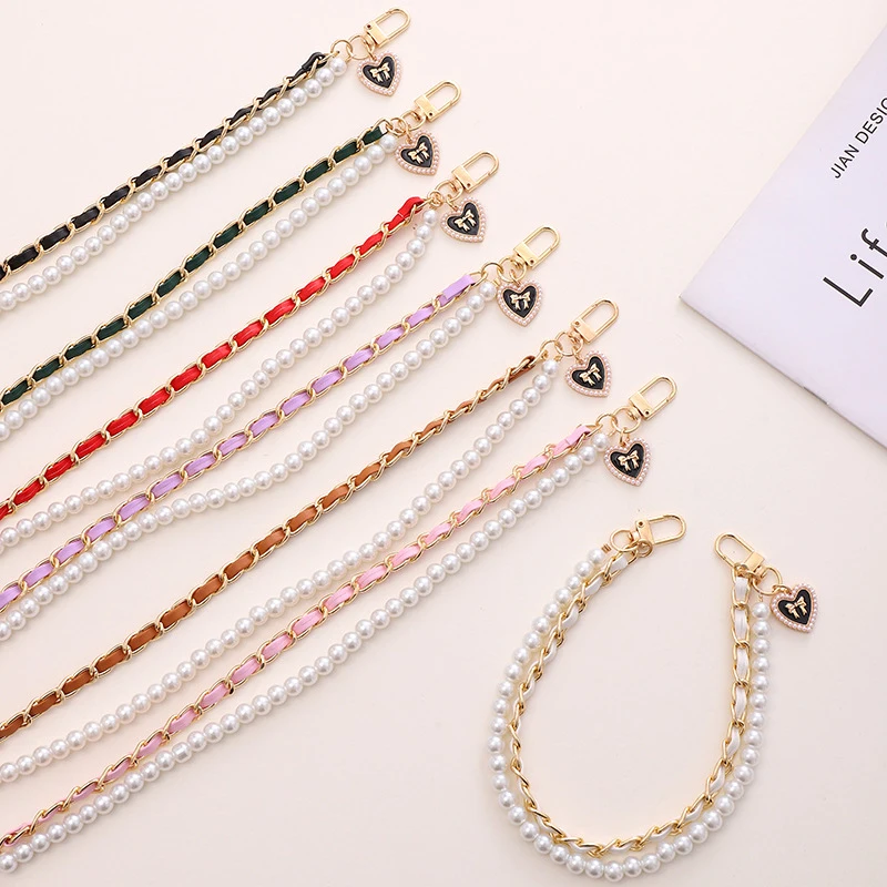 Leather Double Chain Pearl Bow Mobile Phone Chain Anti-Lost Phone Lanyard Keychain Anti-fall Water Cup Pendant Camera Wristband