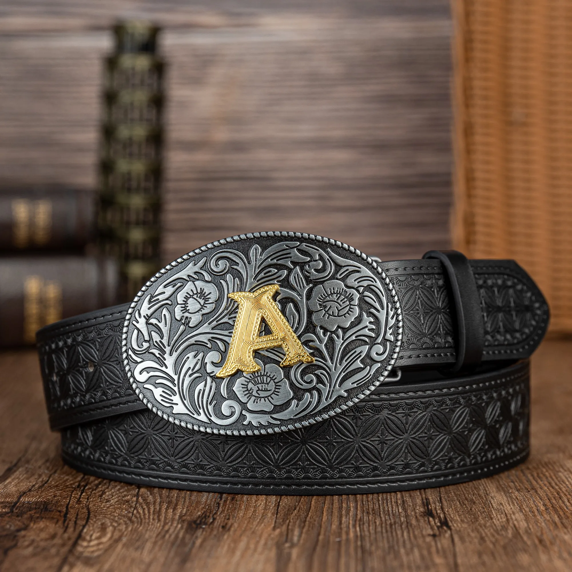 Oval flower letter big plate buckle trend simple paper-cut PU embossed button belt