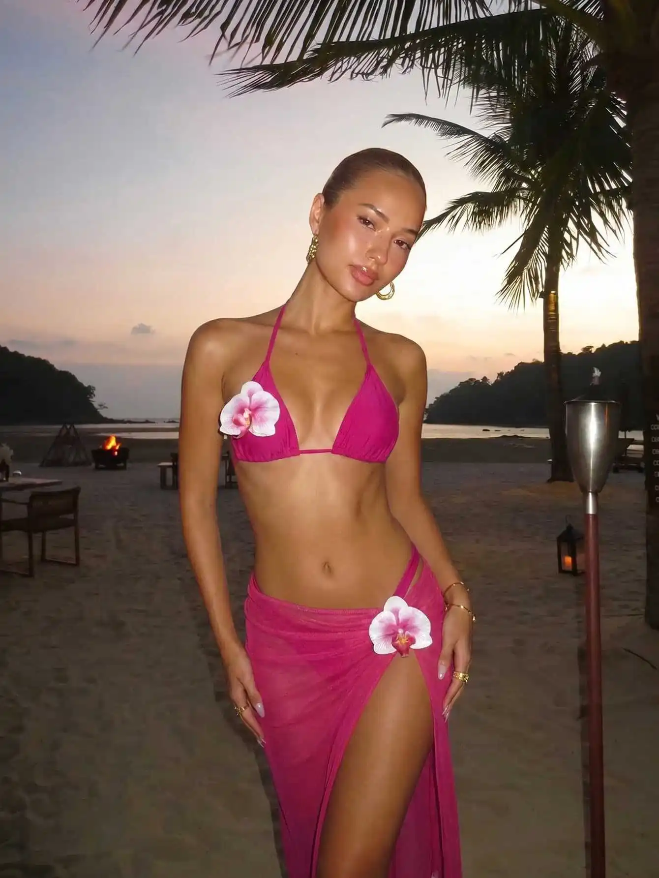 Women's Three-Piece Swimsuit Bikini Set with 3D Flower Swimwear Decoration Sheer See-Through Cover-Up Long Skirt Sexy Beachwear