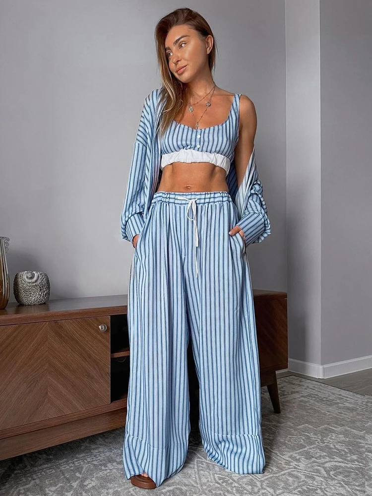 HiLoc Fashion Blue Striped Pants Pajamas Sets Women 3 Pieces Casual Loose Shirts Sexy Patchwork Bras Sleepwears Long Pants Suits