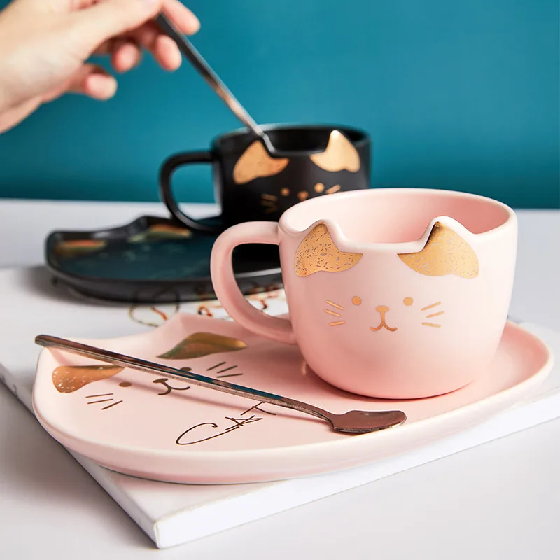 

Ceramic Coffee Cup With Saucer Spoon Set Creative Cute Cartoon Cat Tea Cup Breakfast Milk Coffee Mug Bread Dessert Dish Gift