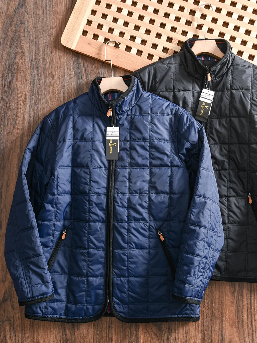 

Waterproof Autumn Winter Cotton Jacket Men's Thin Baffle Cotton Stand Collar Quilted Grid Pattern Casual Standard Fit Youth