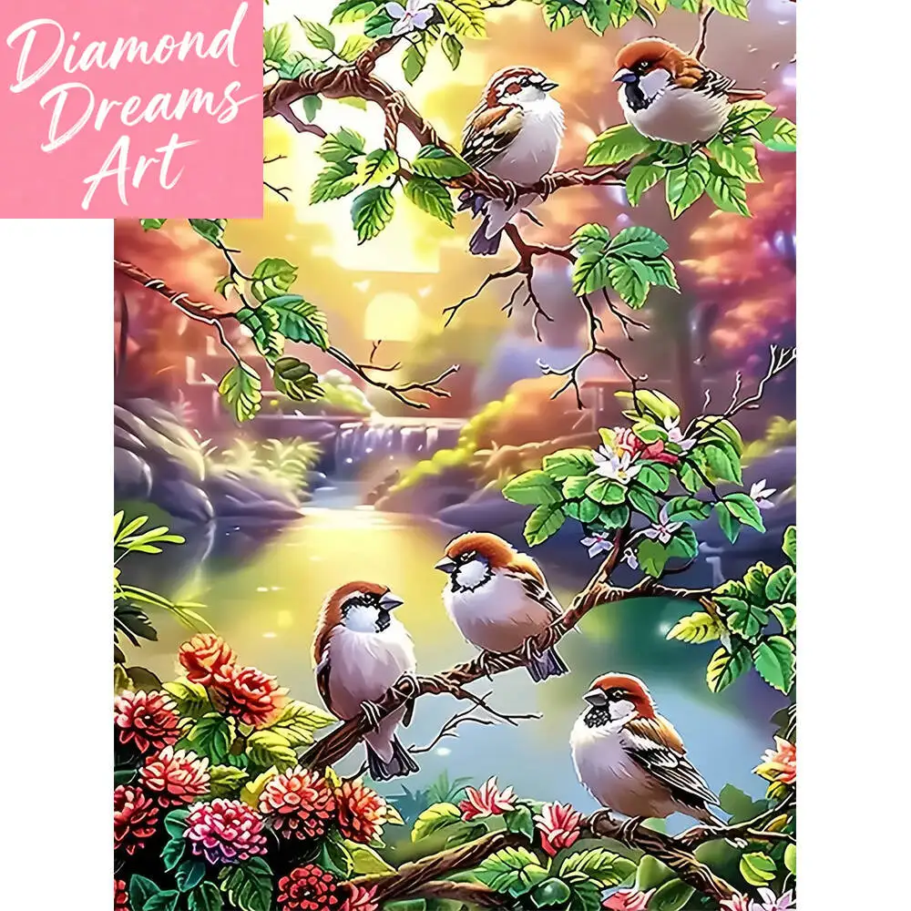Rahmenloses Diamant-Malerei-Set: Vogel, Baum und See – DIY-Mosaik für Erwachsene und Anfänger – Handarbeit