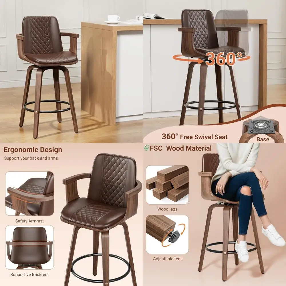 Mid-Century Modern Drehbare Barhocker, 26er-Set Thekenhöhenstühle mit Armlehnen, PU-Leder gepolsterte Barhocker