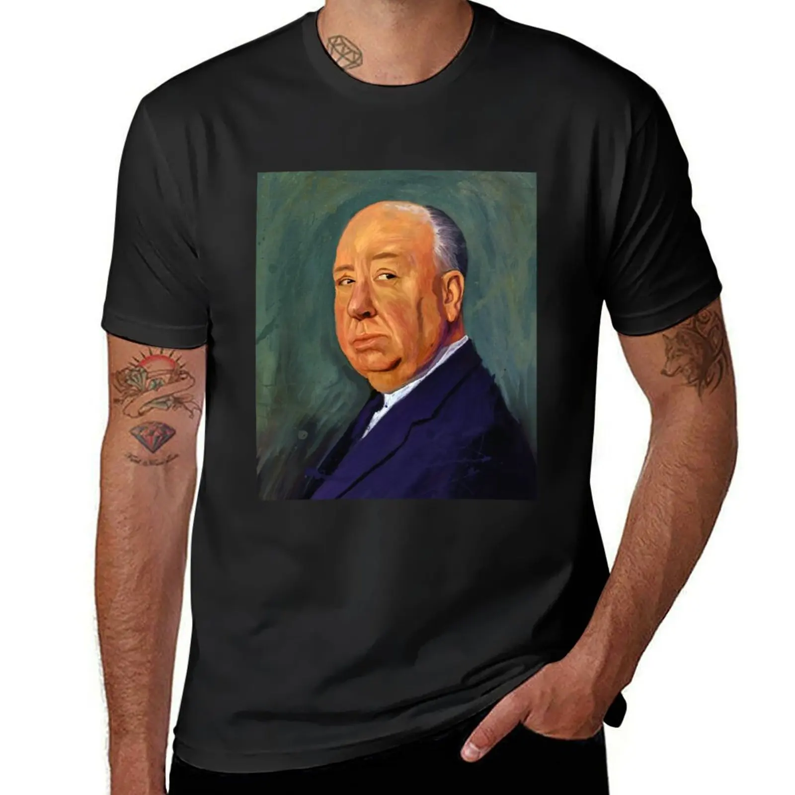 Alfred Hitchcock Portrait, Sir Alfred Joseph Hitchcock, Master Of Suspense T-Shirt vintage anime clothes black t-shirts for men