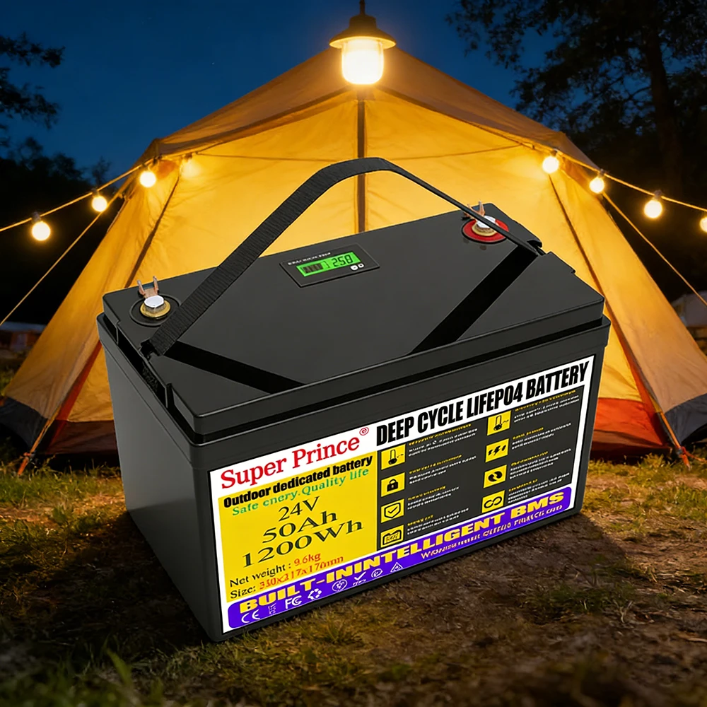 

24В 50Ач Литий-железо-фосфатный аккумулятор (LiFePO4) со встроенной BMS 200А, перезаряжаемый, для автодомов/кемперов, солнечных систем, морского транспорта, внедорожников/фургонов