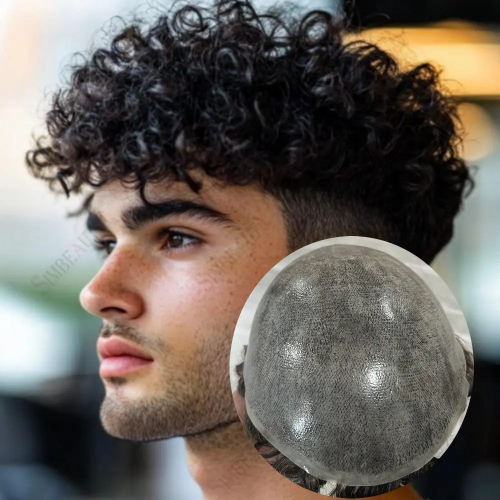 

15mm Men's Curly Wig Durable Men Toupee Human Hair Micro Skin Poly PU Base Grey Black Hair Wig Undetectable Capillary Prosthesis