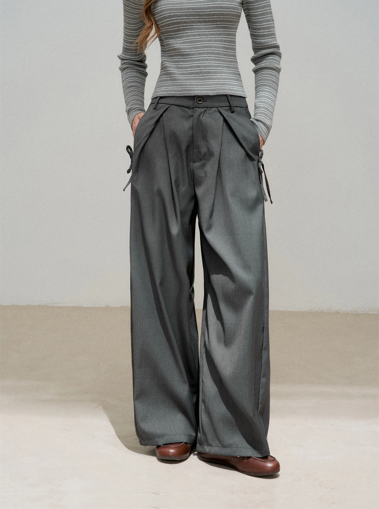 

Ele High Waist Wide Leg Suit Pants with Bow Tie Floor Length 3D Pleating Loose Fit Workwear for Lady Commute