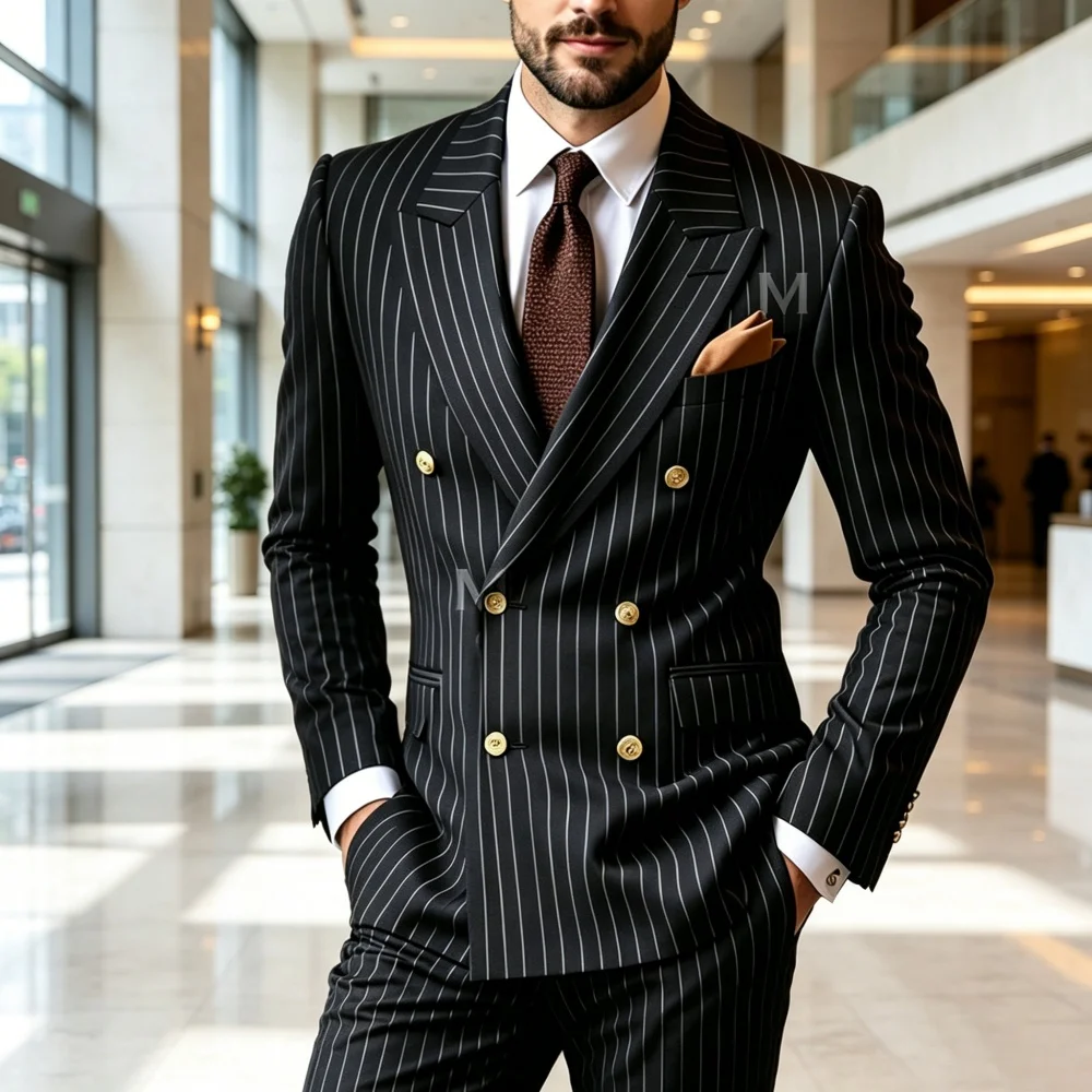 Double Breasted Stripe Wedding Tuxedo with Gold Buttons 2 Pieces Black Slim Fit Men Pants Set for Groom Guest Prom Party Banquet