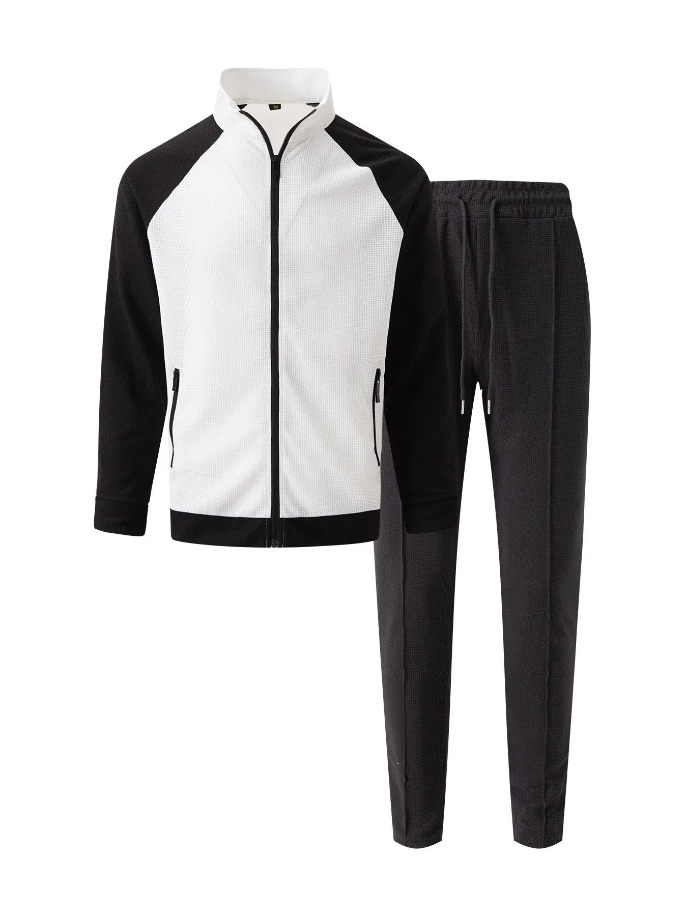 20225 Autumn New Style Waffle Color-block Pocket Zipper Stand-collar Long-sleeved Outerwear and Pants Set