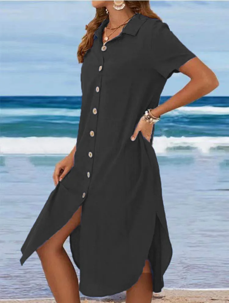

Casual Cotton Linen Dress with Turn-down Collar Single Button Asymmetrical Hem Short Long Sleeve Independent Station Amazon