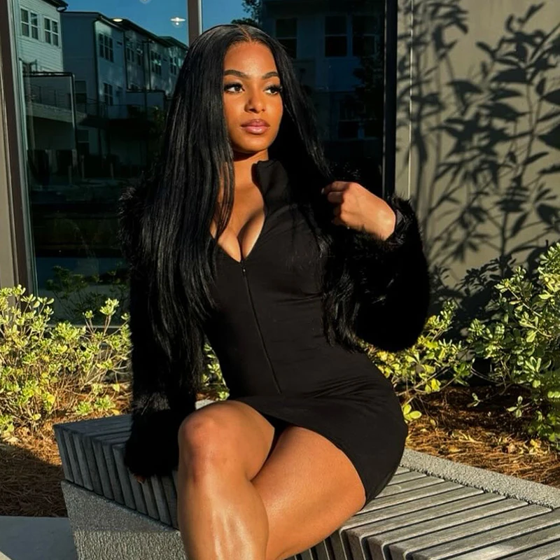 CUTENOVA automne/hiver femmes couleur unie décolleté fermeture éclair manches en fausse fourrure Patchwork à manches longues Sexy ajusté robe moulante