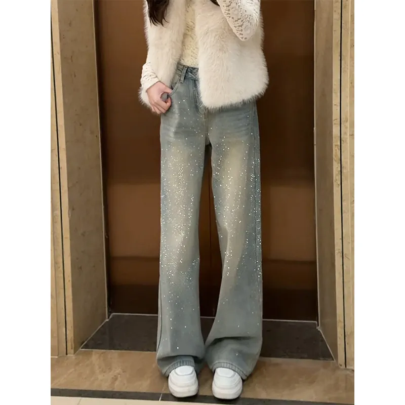 

Retro Parisian Flay Wide Leg Denim Jeans Women's Loose Straight Cut Pants High Waist Button Closure Spring 2026 New Sle