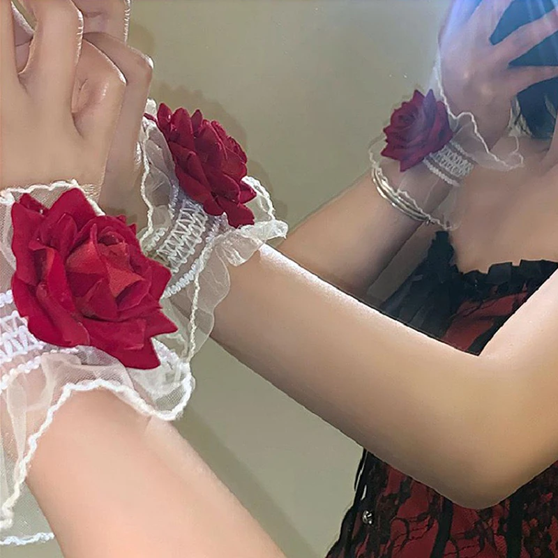 Flower Lace Bracelet for Women Red Gothic Lace Rose Wristband Lolita Bracelets Bridal Bridesmaid Wrist Corsage Wedding Party