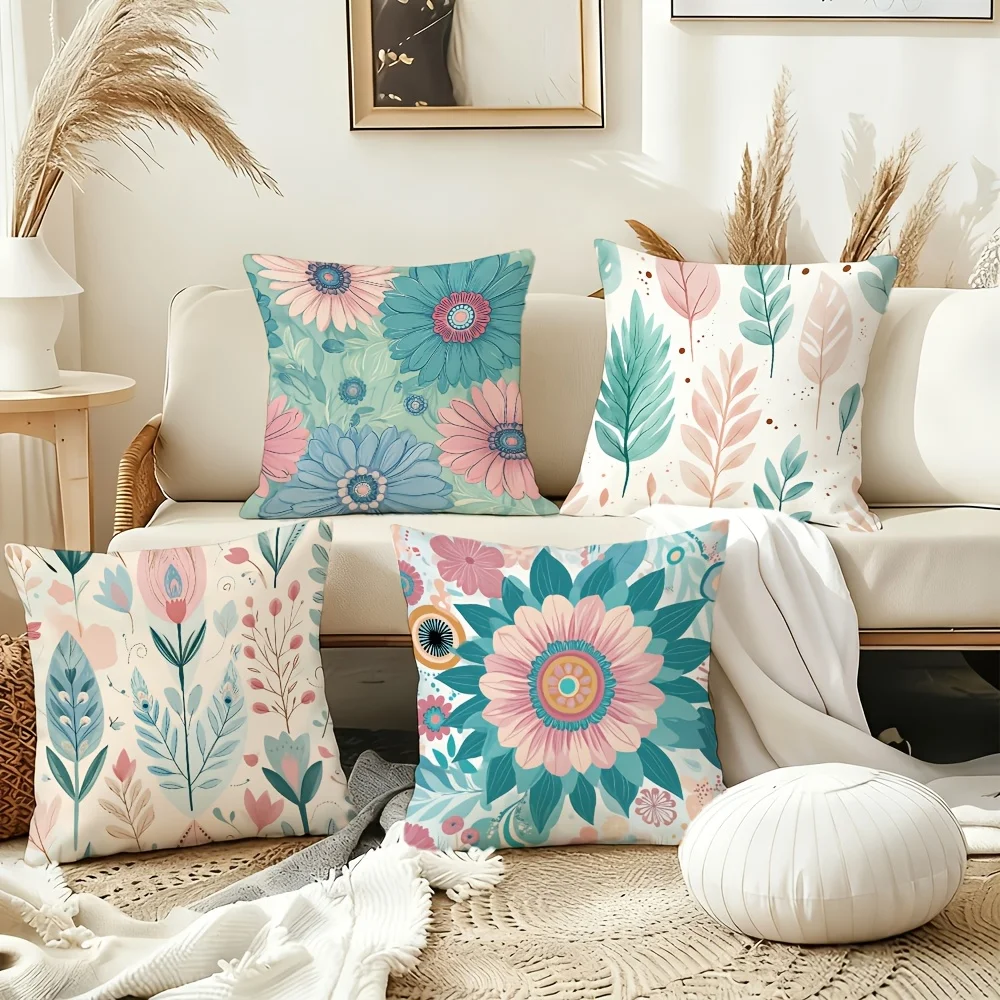 Aesthetic Floral Print Pillow Cover Set Four Pieces Boho Polyester Cushion Case for Modern Living Room Home Decor Accent