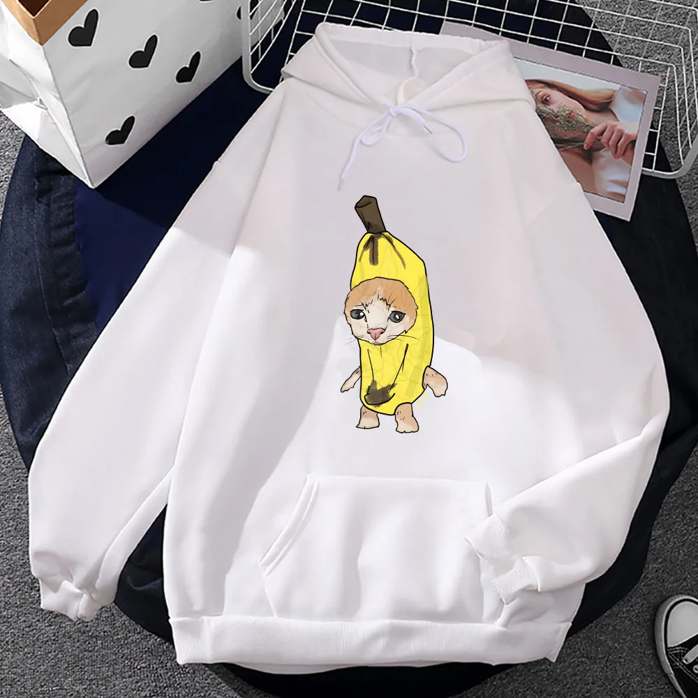 Banana Cat Cute Cartoon Plus Velluto Kanye Felpe da uomo in pile oversize con cappuccio Pullover unisex Abiti Harajuku