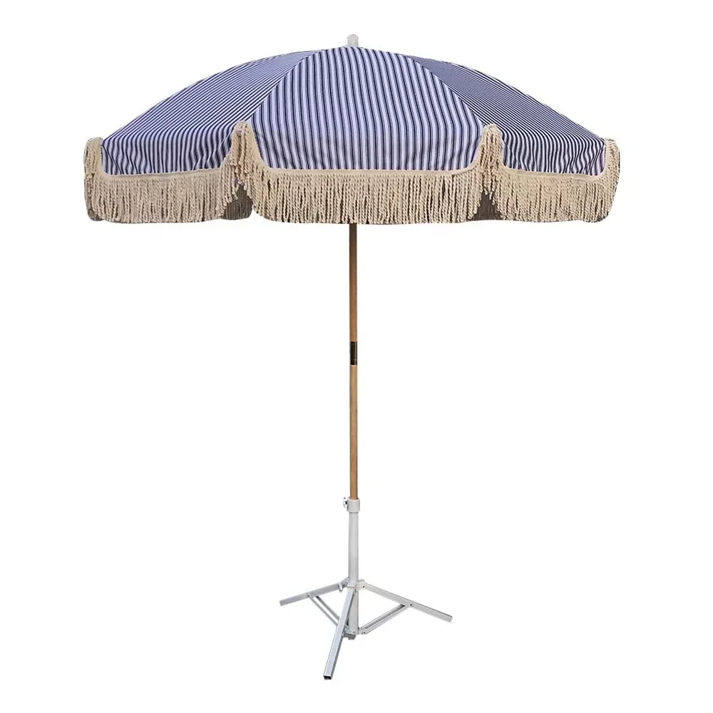 Ovida outdoor wood painting without tilt customized logo printing outdoor beach umbrella with tassels