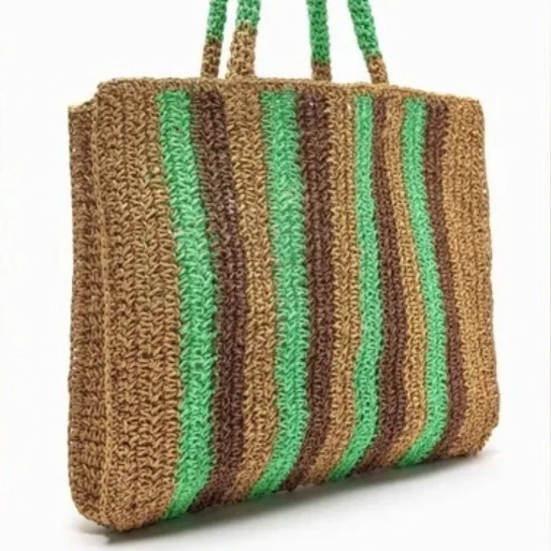 2025 nuevo bolso de paja bloqueado de Color para mujer, bolso de hombro de mano, bolso de playa tejido a mano, bolso de mano de gran capacidad