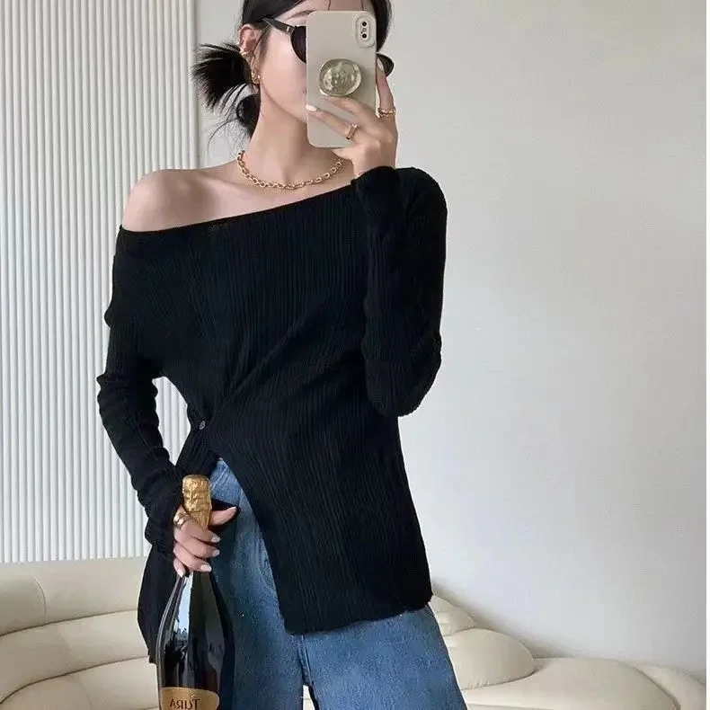 Hong Kong Style Off-Shoulder Top Women's Waist-Fitted Slimming Early Autumn Inner Long Sleeve Knitted Top Side Slit Base Layer T