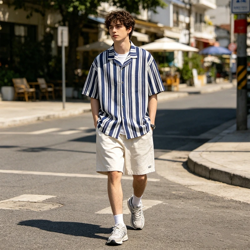Retro Blau-Weiß Gestreifte Netzstrick-Hemden für Herren Ausgehöhlte Kurzarm-Strickjacke Sommer Hawaiianische Strandhemden Lässige Übergrößen-Hemden – Detail 2