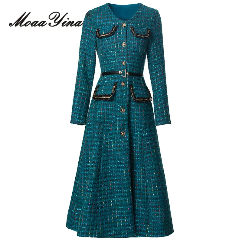 

MoaaYina Autumn And Winter V-Neck Long Sleeved Single Breasted Striped Checkered 4-Port Coat
