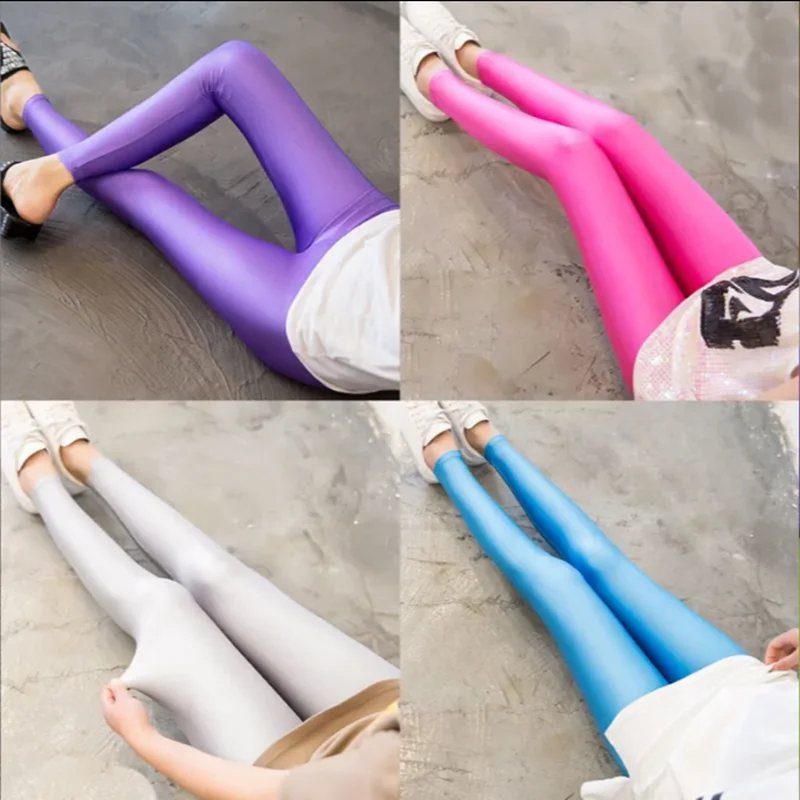 Glossy Ice Silk Thin Women's Base Layer Pants High Waist Nine Points Fluorescent Elastic Slim Fit Candy Color Bottoms
