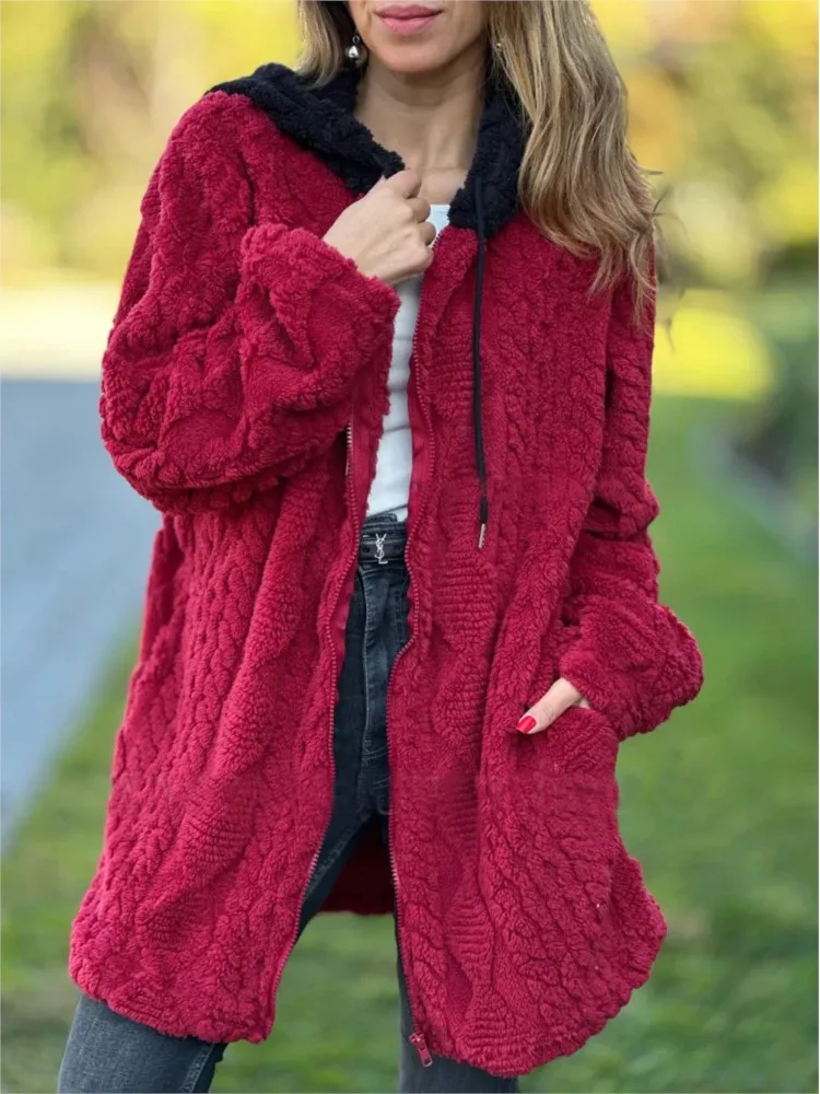2025 Otoño Invierno nueva mujer Casual Sudadera con capucha Color sólido peludo cremallera abrigos de manga larga para mujer moda bolsillo chaqueta abrigo