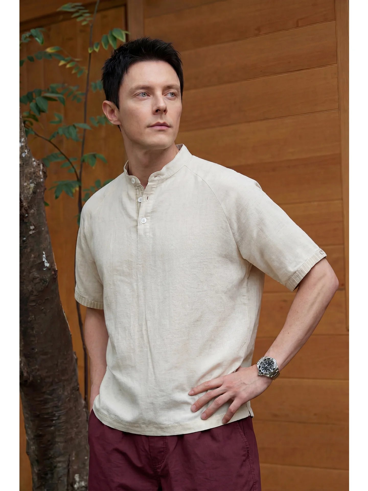 Cool Sensation Linen T-Shirt Men's Short Sleeve Cleanfit Henry Collar Summer Fashion Urban Style Breathable Comfortable Casua...