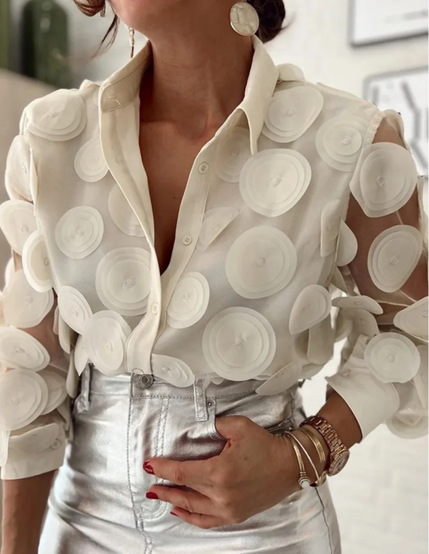 Spring Autumn 2024 New Top For Women Elegant Design Three-dimensional Flowers Transparent Thin Chiffon Shirt Long Sleeve