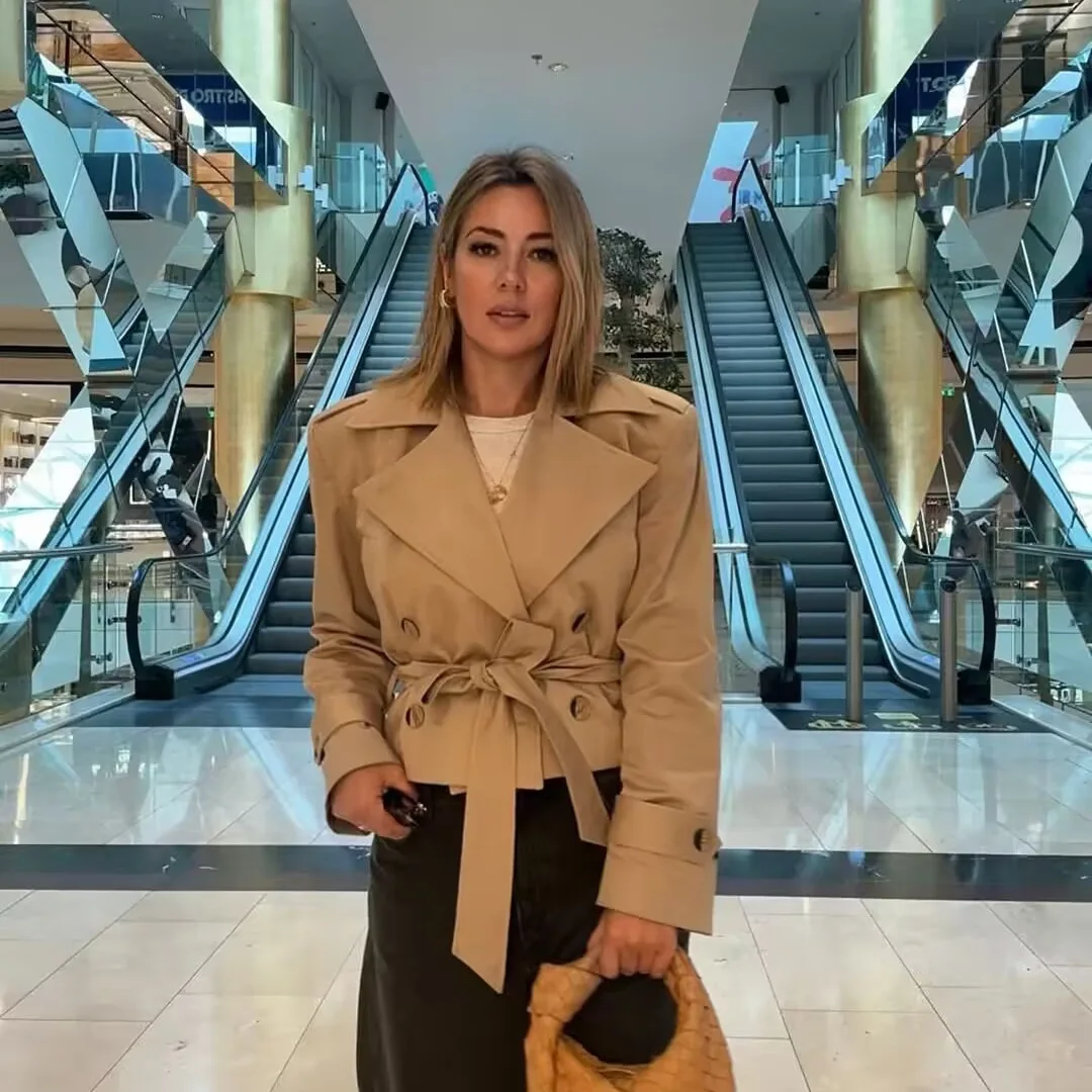 KIDCRKJ Damen-Trenchcoat mit Gürtel, zweireihig, Umlegekragen, Patchwork-Design, elegante Damenjacke für den Streetwear-Look