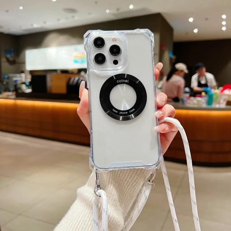 

Чехол с четырьмя углами и ремешком для iPhone 17, 15, 14, 13, 12, Pro Max 16 Plus 11 Pro, шнур через плечо, противоударный прозрачный магнитный чехол