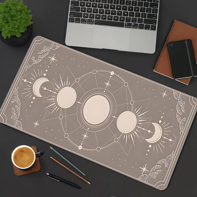 Moon phase style starry sky mouse pad, beige rubber edge, XXL large desk decoration, high quality, washable