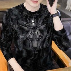 Retro Print Round Neck Men's Sweatshirts Autumn Winter Velvet Keep Warm Bottoming Shirt Social Casual Pullover Tops Men Clothing