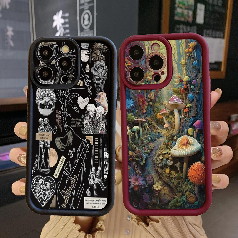 for iPhone 15 Pro Max 14 Plus 13 12 11 XR 8 7 SE 2022 XS Love Couple Skeleton Mushroom Case Anti Drop Cover