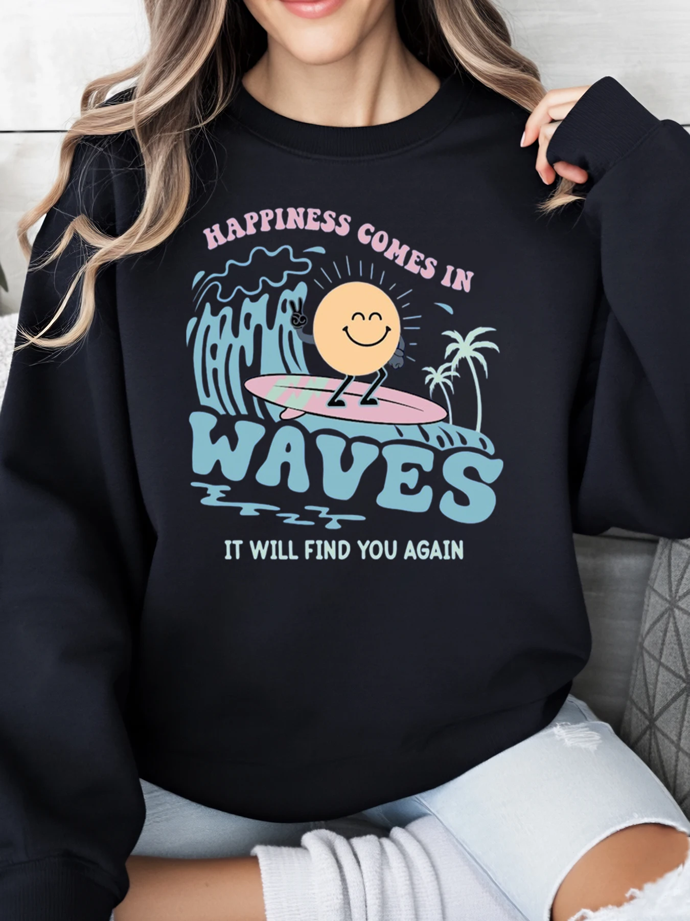 

Толстовка с принтом «Счастье приходит волна» для серфинга и солнца, женская повседневная пляжная одежда, черная, больших размеров