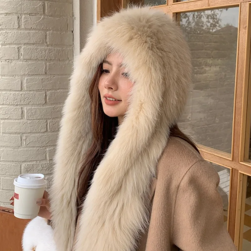 

Real Fox Fur Snow Scarf Hat Women Winter Warm Thickened Scarf Hat Fluffy Natural Fur Hats Luxury Knitted Real Fur Hooded Scarf