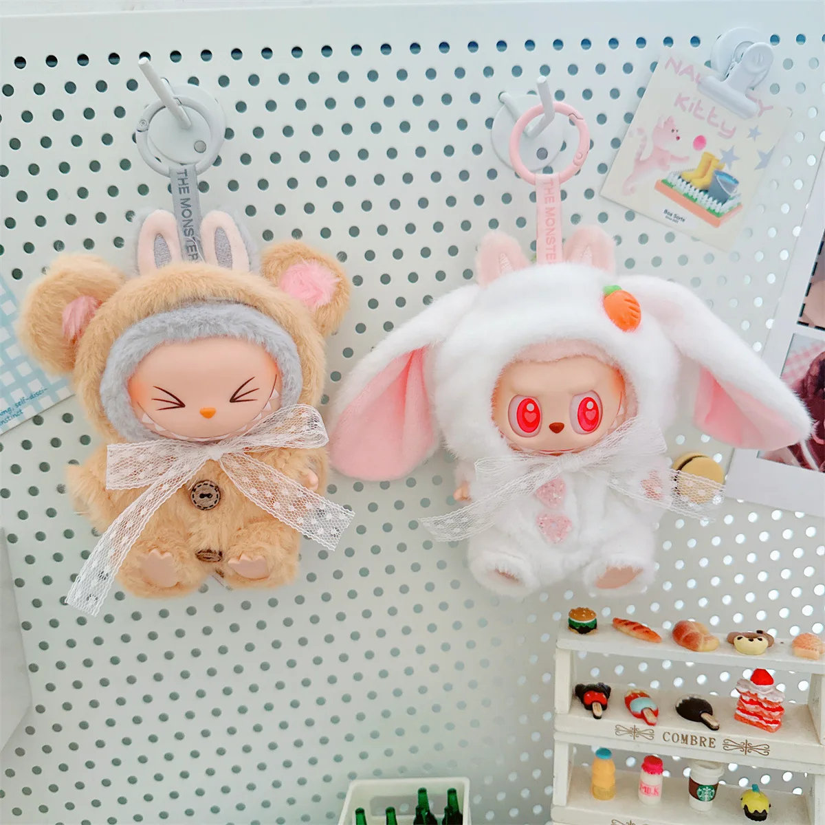 

Labubu I II Idol Dolls Sitting Party Clothing Outfit 17cm Mini Plush Doll'S Clothes White Rabbit Overalls Accessories