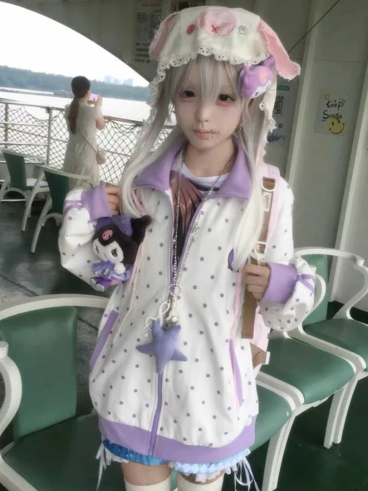 HOUZHOU Y2k Weiß Cutecore Juminocore Polka Dot Frauen Zipper Hoodies Süße Langarm Japanischen Stil Mantel Kawaii Lose Beiläufige