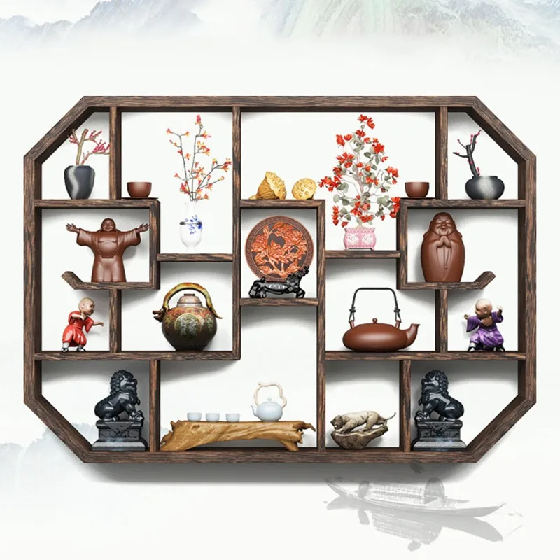 Teapot Storage Rack Wooden Wall Hanging Tea Display Stand Multi-grid Teacup Figurine Ornaments Shelf Chinese Style Wall Decor