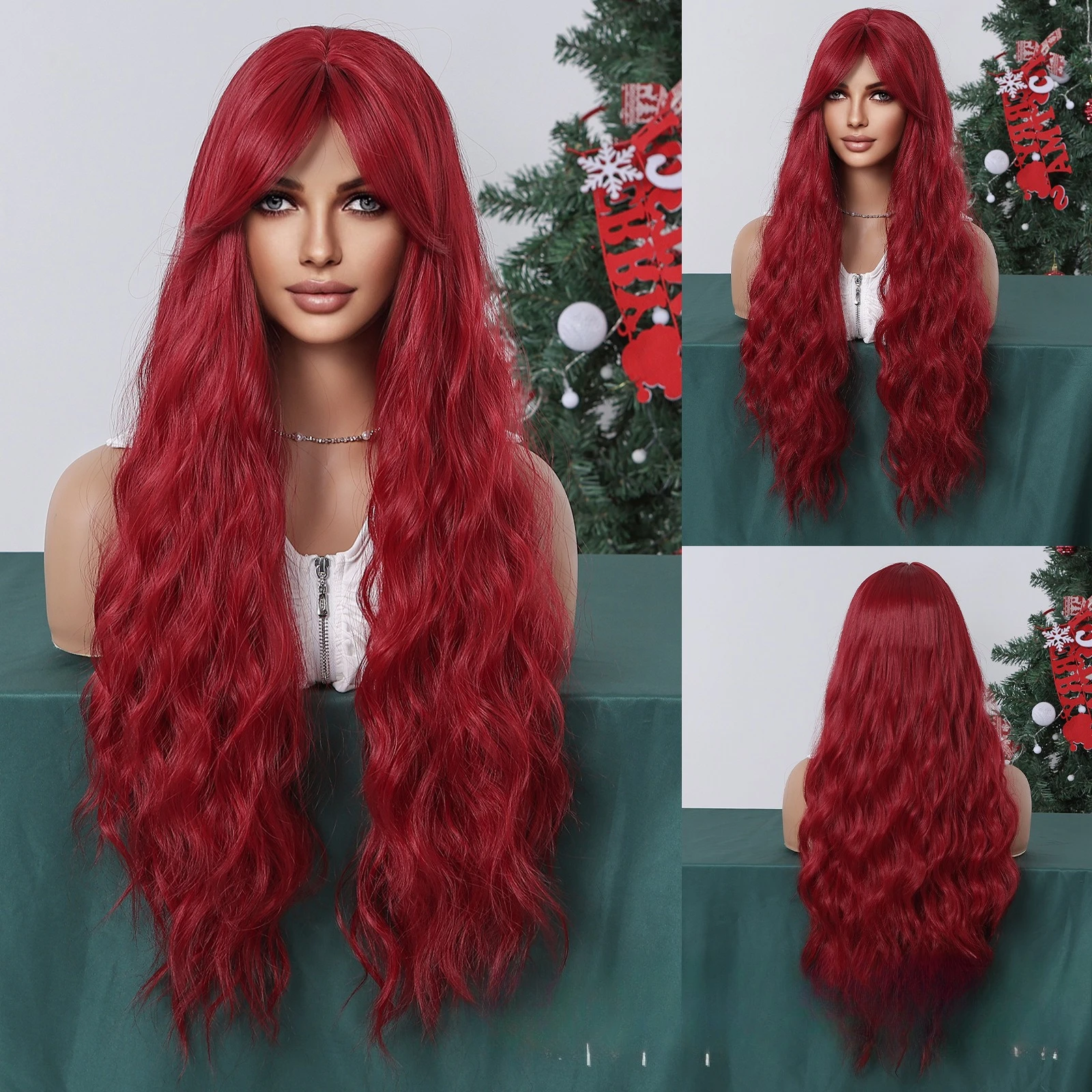 Burgundy Christmas wig full headgear cos eight-character bangs chemical fiber long curly hair