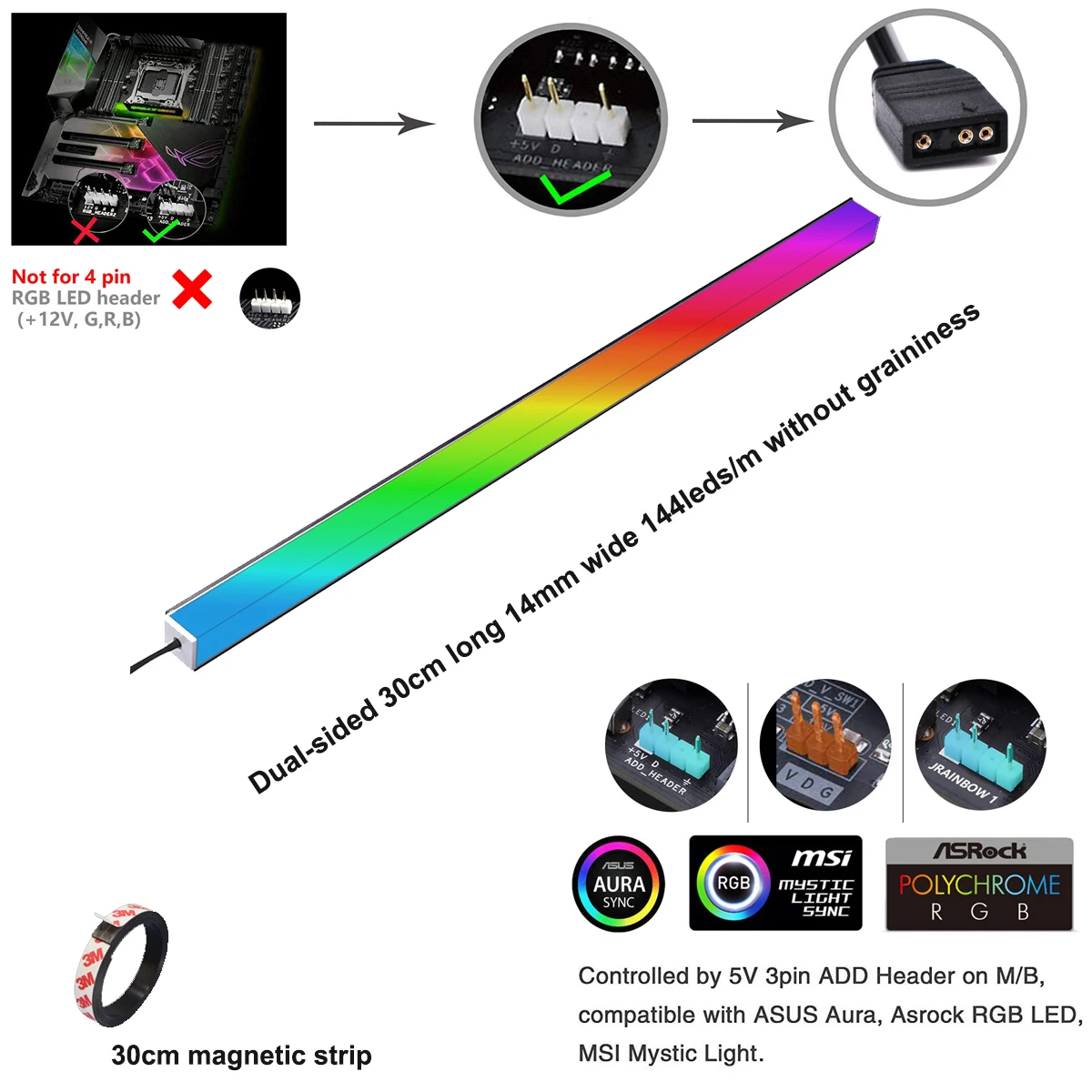 30CM adresowalny WS2812b cyfrowy stop aluminium dwustronne światło PC 5V3PIN nagłówek płyta główna RGB F ASUS Aura SYNC listwa oświetleniowa